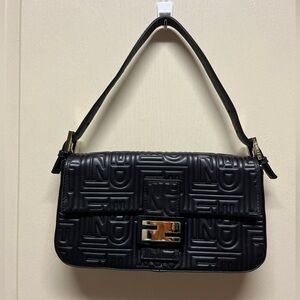Fendi Classic Baguette Logo Embossed Napa Leather Shoulder Small Black Bag